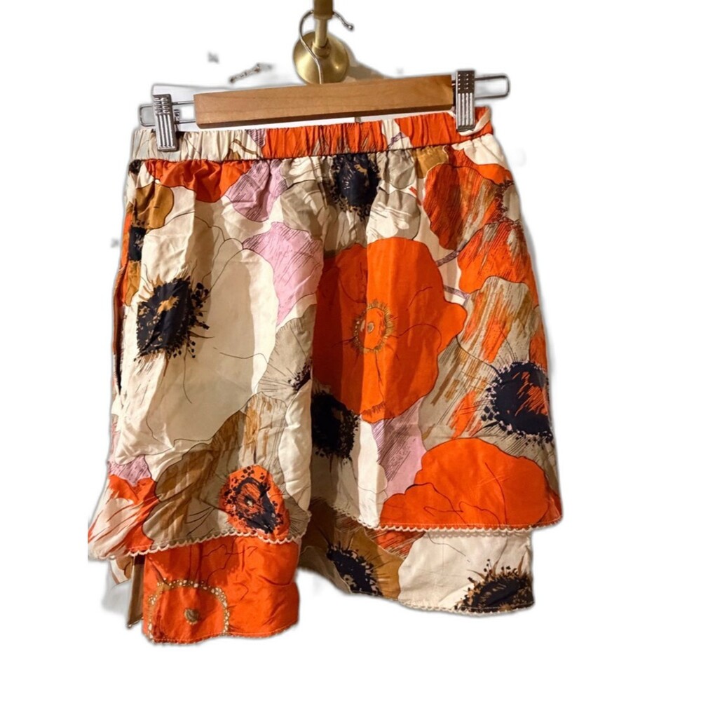 Anthropologie Odille Bold Orange Floral Layered Mini Skirt XS